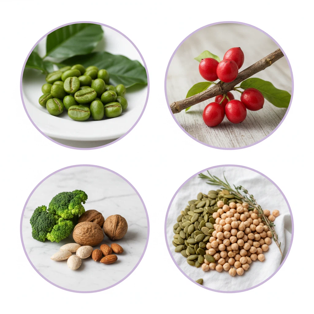 Green coffee beans, guarana berries, broccoli for chromium, pumpkin seeds for zinc - supplement with plant extracts and zinc