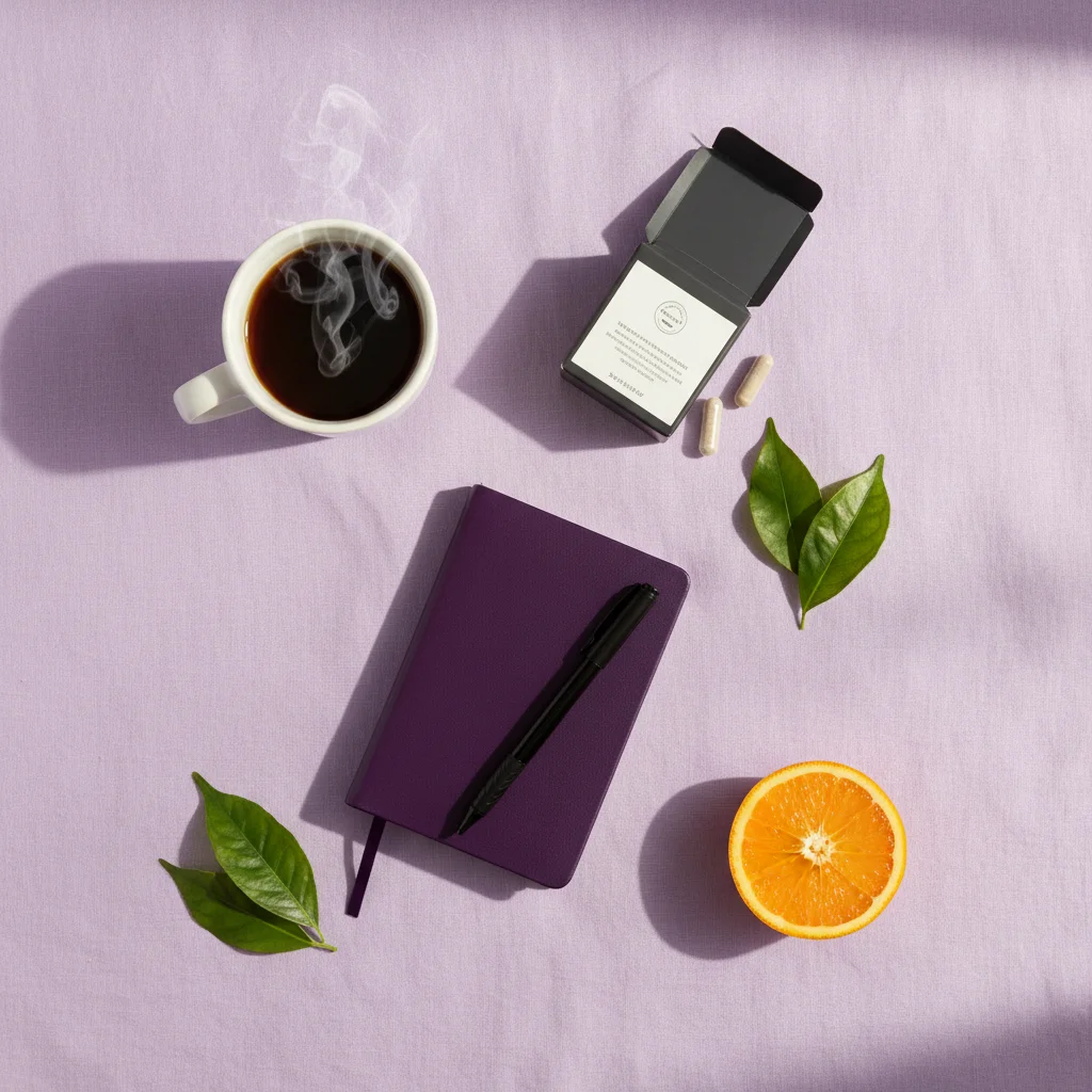Morning wellness routine flat lay - plant-based morning wellness drink and supplement